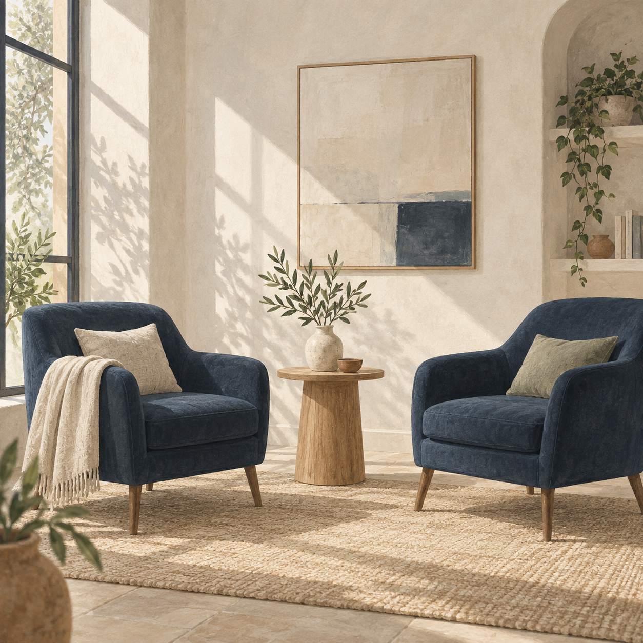 Ilustración de dos sillones azules junto a una ventana, en un espacio cálido para conversar